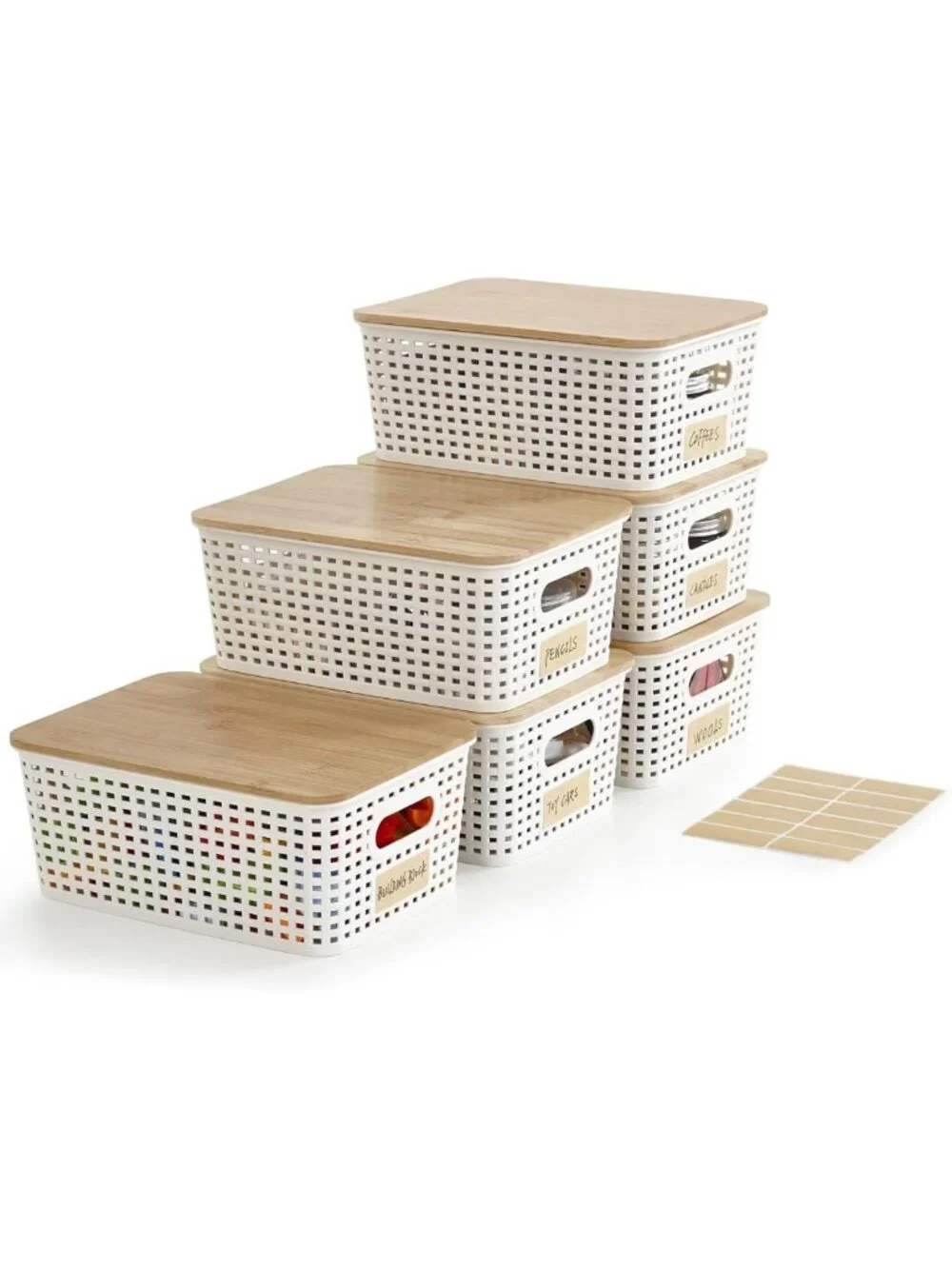 Set of 6 Stackable Plastic Storage Bins with Bamboo Lids - Cute Organizing